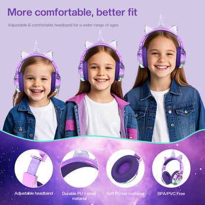 Cuffie wireless Unicorno per bambini Ragazze Auricolari Bluetooth Cuffie pieghevoli con orecchie di gatto per viaggi scolastici Cuffie per bambini