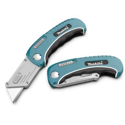 Coltello multiuso Makita con lame a scatto, caricamento facile, lame extra retrattili, impugnatura comoda in gomma, strumento manuale combinato completo