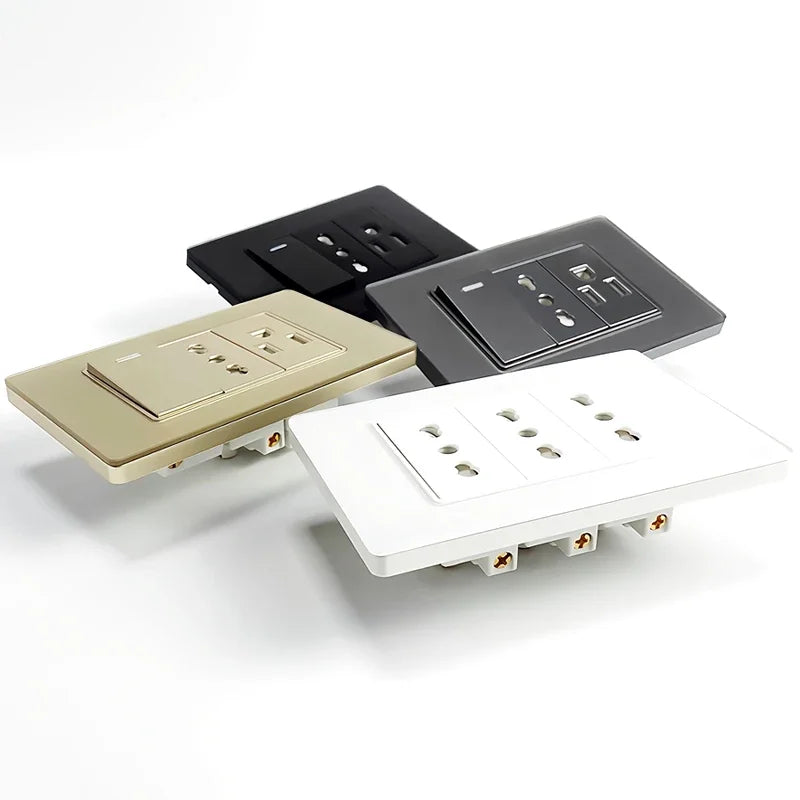 Prese per interruttori a muro T&I con tipo USB  C Ricarica rapida, presa Italia, presa Schuko Cile, pannello in vetro temperato per la casa
