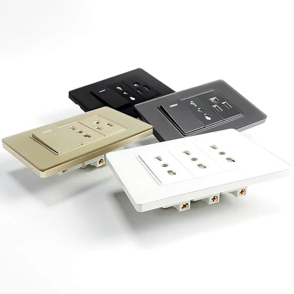 Prese per interruttori a muro T&I con tipo USB  C Ricarica rapida, presa Italia, presa Schuko Cile, pannello in vetro temperato per la casa