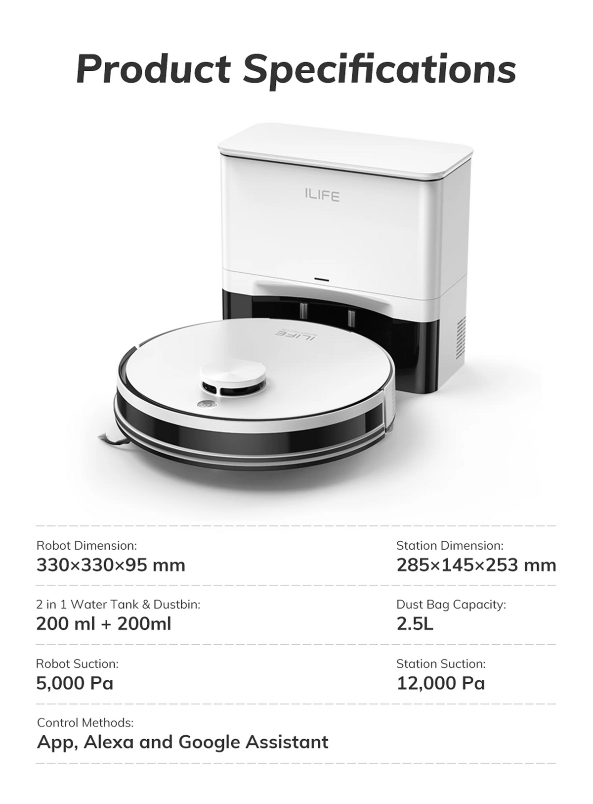 Robot Aspirapolvere ILIFE A30 Pro con Stazione di Svuotamento Automatico, Forte Aspirazione 5000Pa, Navigazione LDS, 180 Minuti di Autonomia, Funzione 2-in-1 Lavaggio e Spazzamento, Controllo APP, Pulizia di Pavimenti e Tappe