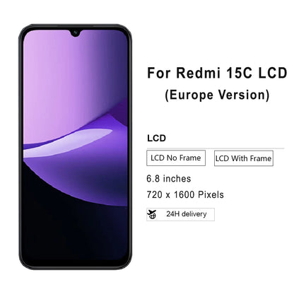 LCD nuovo al 100% testato per Xiaomi Redmi 15C versione europea, gruppo digitalizzatore touch screen LCD con telaio, parti di ricambio per riparazione.