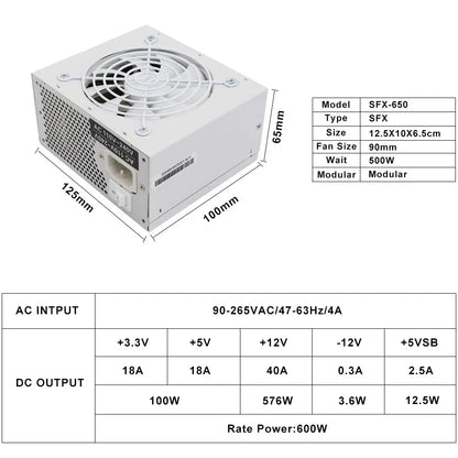 Alimentatore SFX completamente modulare da 600W, design compatto per case Mini-ITX SFF, ventola silenziosa da 90mm, tensione ampia 90-265V, per sistemi PC gaming compatti.