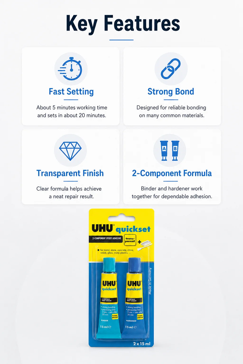 Adesivo Epossidico UHU Quickset 30ml Trasparente Colla Bicomponente AB ad Asciugatura Rapida per Riparazioni di Metallo, Ceramica, Vetro e Plastica