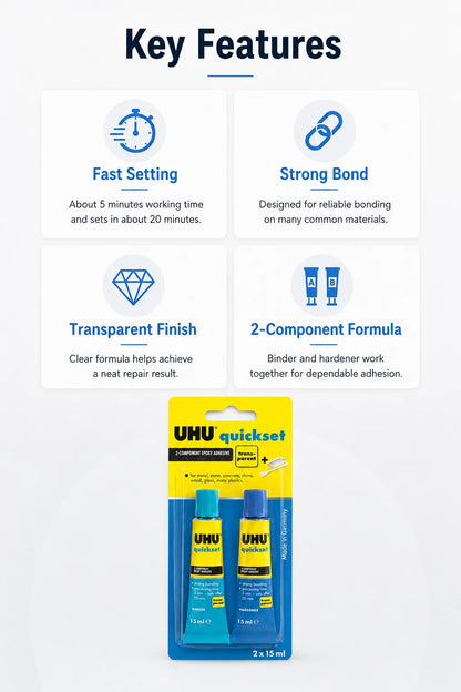Adesivo Epossidico UHU Quickset 30ml Trasparente Colla Bicomponente AB ad Asciugatura Rapida per Riparazioni di Metallo, Ceramica, Vetro e Plastica