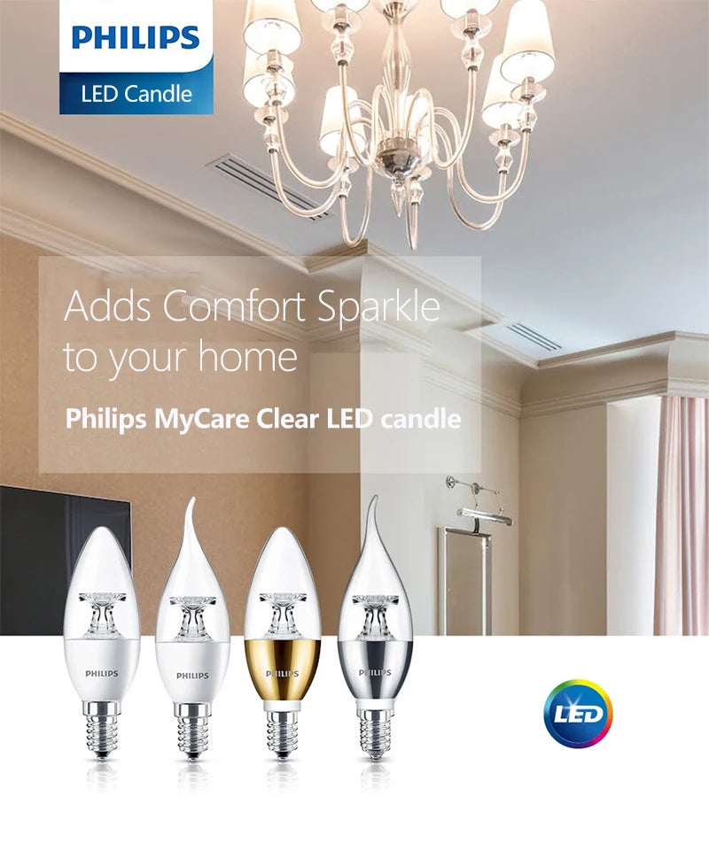 Philips LED Candela E14 Lampada 3.5W 5.5W B Lampadina MyCare 2700K Luce calda EyeComfort 220V-240V Lampada lampadario in cristallo LED trasparente, 1x