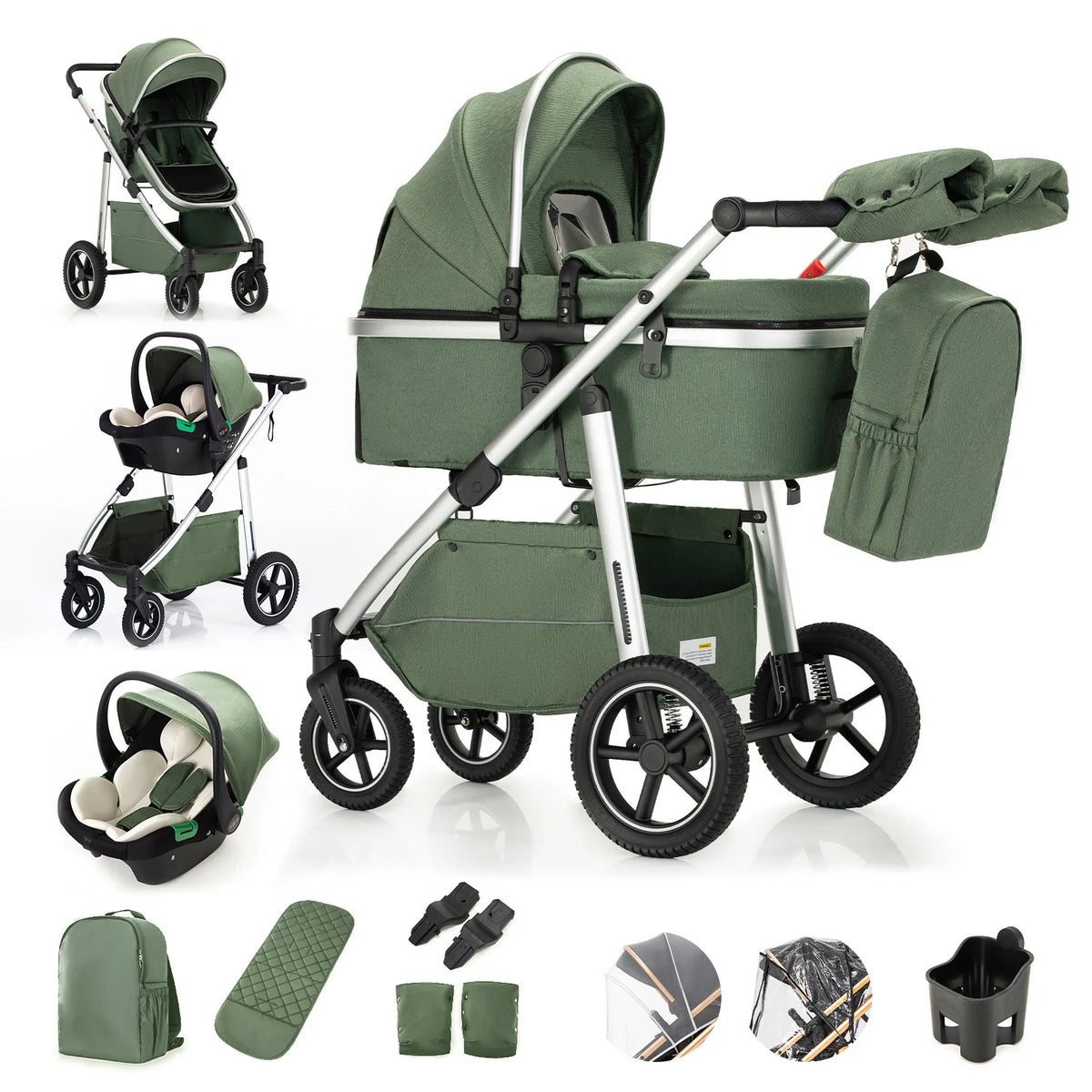 Passeggino 3 in 1 High Landscape per Neonati, Carrozzina Pieghevole Portatile di Lusso con Seggiolino Auto e Navicella da Viaggio