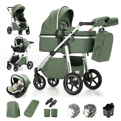 Passeggino 3 in 1 High Landscape per Neonati, Carrozzina Pieghevole Portatile di Lusso con Seggiolino Auto e Navicella da Viaggio