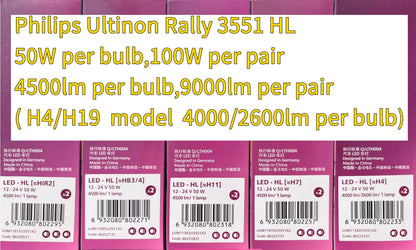 Philips Ultinon Rally 3551 LED H4 H7 H11 HB3/4 9006 9005 HIR2 Faro Auto 6500K Bianco Potenza Massima 50W Lumen Massimi 4500lm Lampadina LED