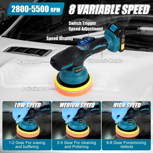 Lucidatrice per auto portatile senza fili Jemi Tool, lucidatrice orbitale con 8 livelli di velocità regolabili (massimo 5500 giri/min). Include 9 accessori extra, strumento ad alte prestazioni per la pulizia, lucidatura e ce