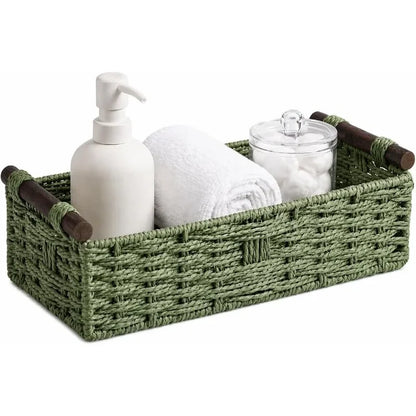 Cesto portaoggetti in legno massello con manico in corda di carta intrecciata in stile forestale, organizer per la cura del bagno e del lavabo, cesti da ripiano