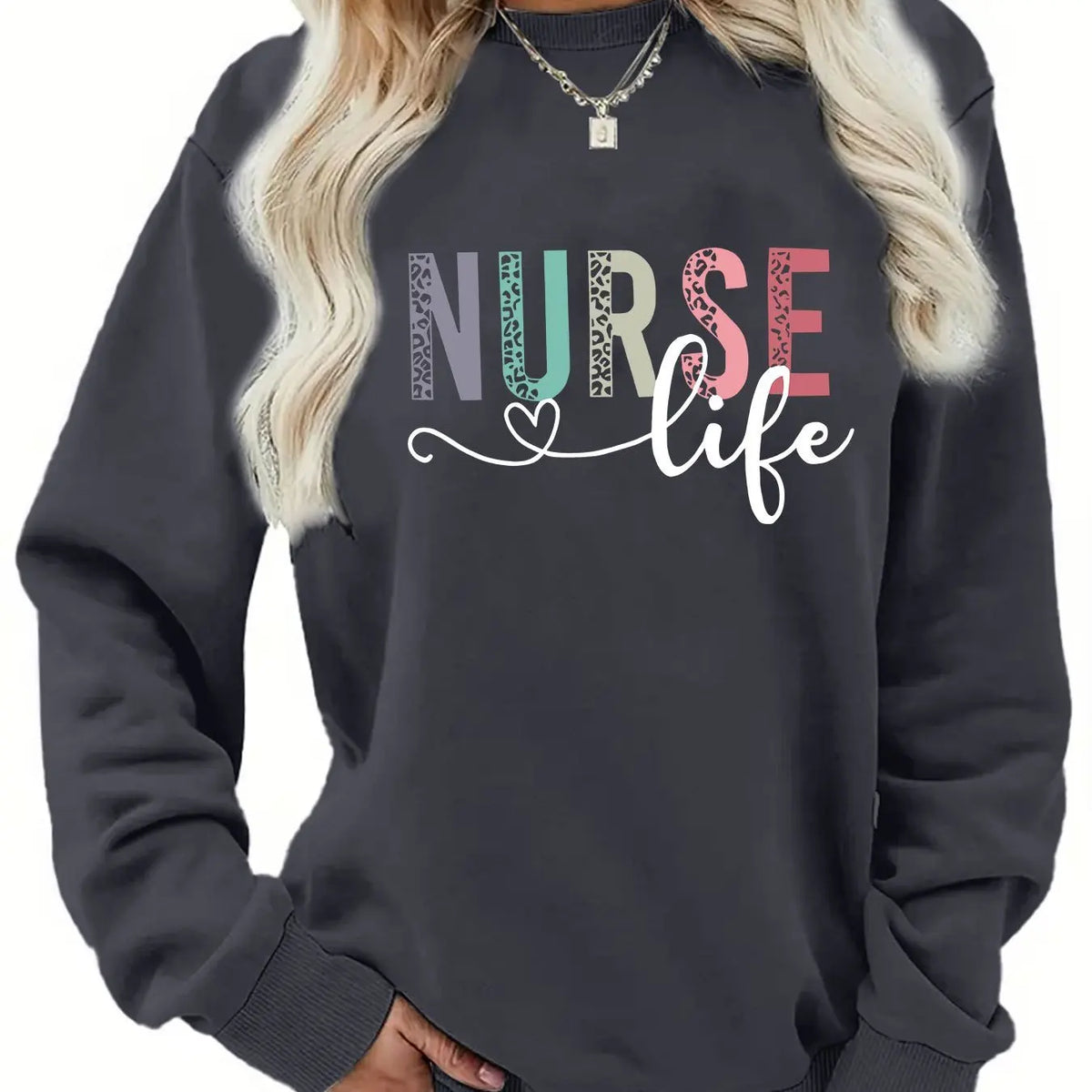 Felpa pullover da donna con stampa INFEZIONE casual, design geometrico, manica lunga, girocollo, lavabile in lavatrice, vestibilità regolare per l'autunno