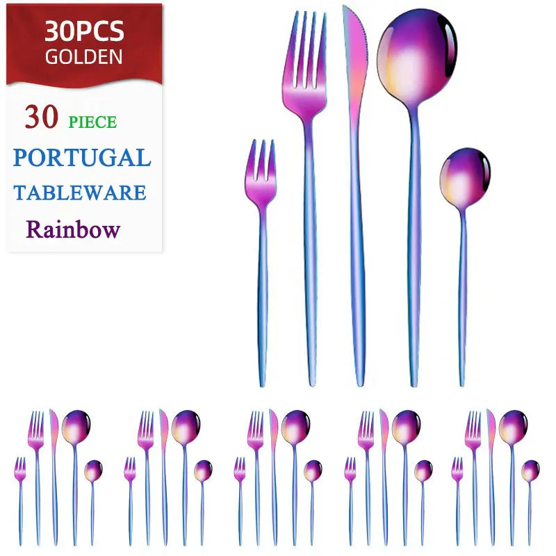 Set di posate dorate da 30 pezzi in acciaio inossidabile, coltelli, forchette, cucchiai, set di stoviglie per banchetti, ristoranti e ospiti
