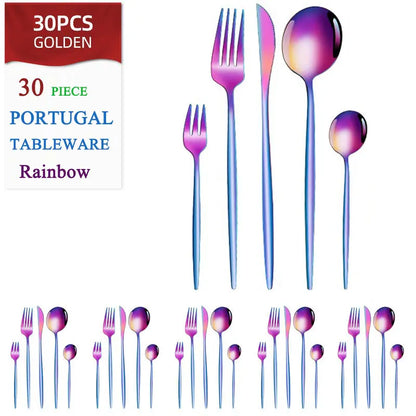 Set di posate dorate da 30 pezzi in acciaio inossidabile, coltelli, forchette, cucchiai, set di stoviglie per banchetti, ristoranti e ospiti