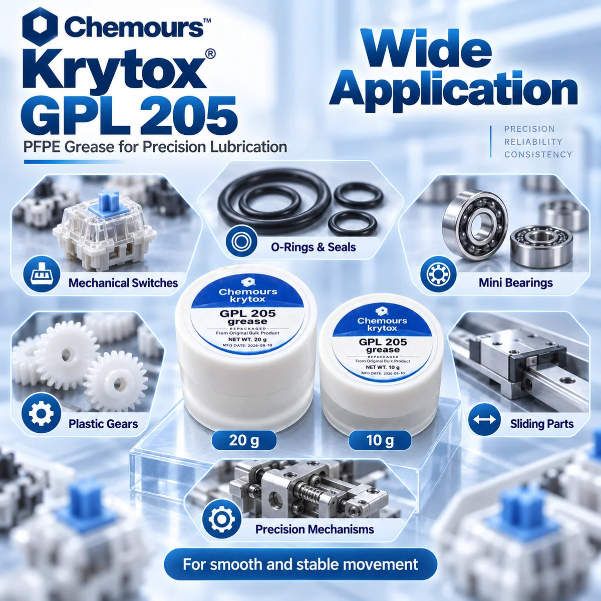Olio Krytox GPL105 e Grasso GPL205, Lubrificante PFPE per Switch di Tastiere Meccaniche e Stabilizzatori, 10g 20g