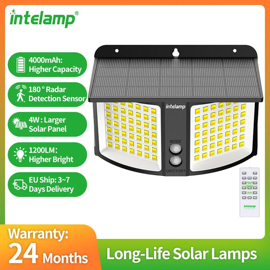 Intelamp, Marca di Punta, Luci Solari LED da Esterno 4000mAh, Faro di Sicurezza 180 °     Lampada Solare da Parete con Sensore Radar, 3 Modalità di Colore, Impermeabile per Portico, Giardino, Cortile, Garage, Recinzione