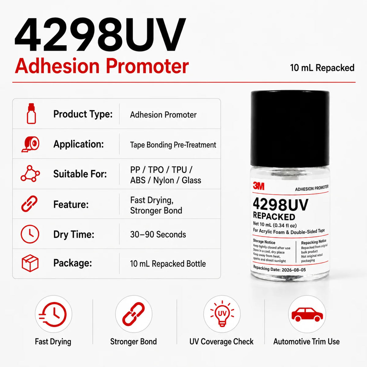 3M 4298UV Promotore di Adesione per Nastro Biadesivo in Schiuma Acrilica per Settore Automobilistico, Adesivo per Fissaggio di Rivestimenti in Plastica PP TPO EPDM ABS, 10ML