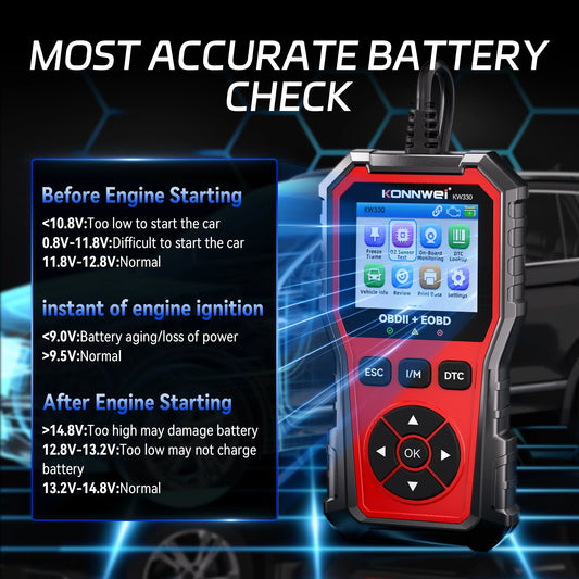 2026 KONNWEI KW330 Auto OBD2 Scanner di guasti Test della batteria del motore Codice di guasto Trasparente Dati in tempo reale Strumento di ispezione OBD professionale