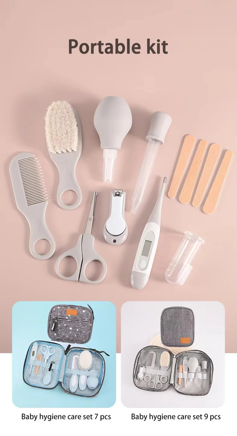 Kit per la Cura del Neonato 9 Pezzi con Tagliaunghie, Spazzola per Capelli, Pettine, Termometro, Set Essenziale per l'Igiene del Bambino, Kit da Viaggio