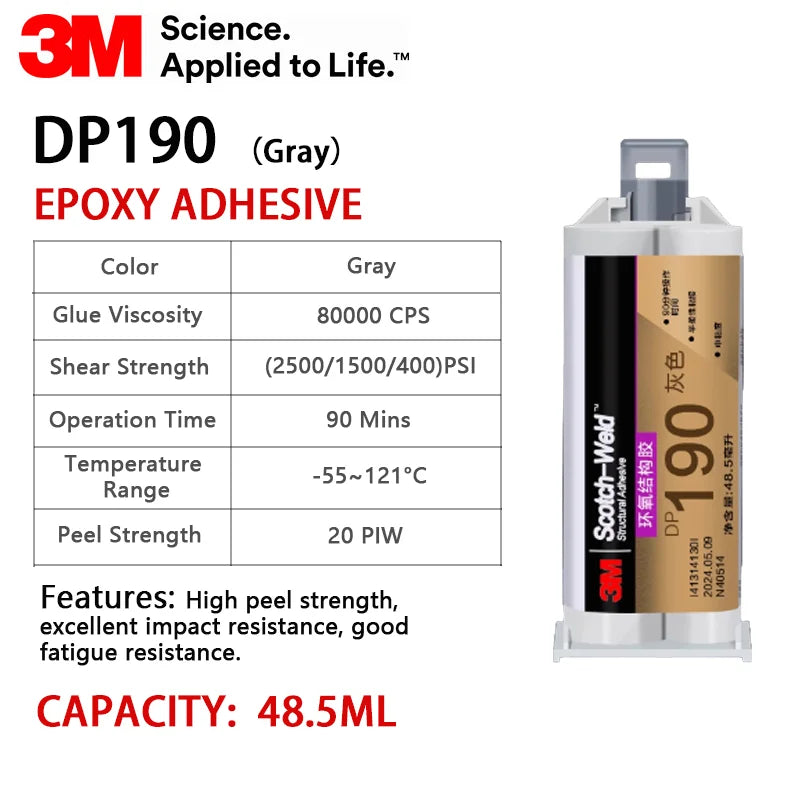 Adesivo Epossidico Originale 3M DP190 Scotch-Weld 50ML Grigio Traslucido 1:1 Colla Strutturale Bicomponente per Metallo e Plastica