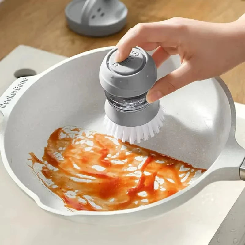 Spazzola per piatti con dispenser di sapone Spazzola per palme Lavaggio dei piatti Spazzole per scrub da cucina con supporto Vassoio antigoccia