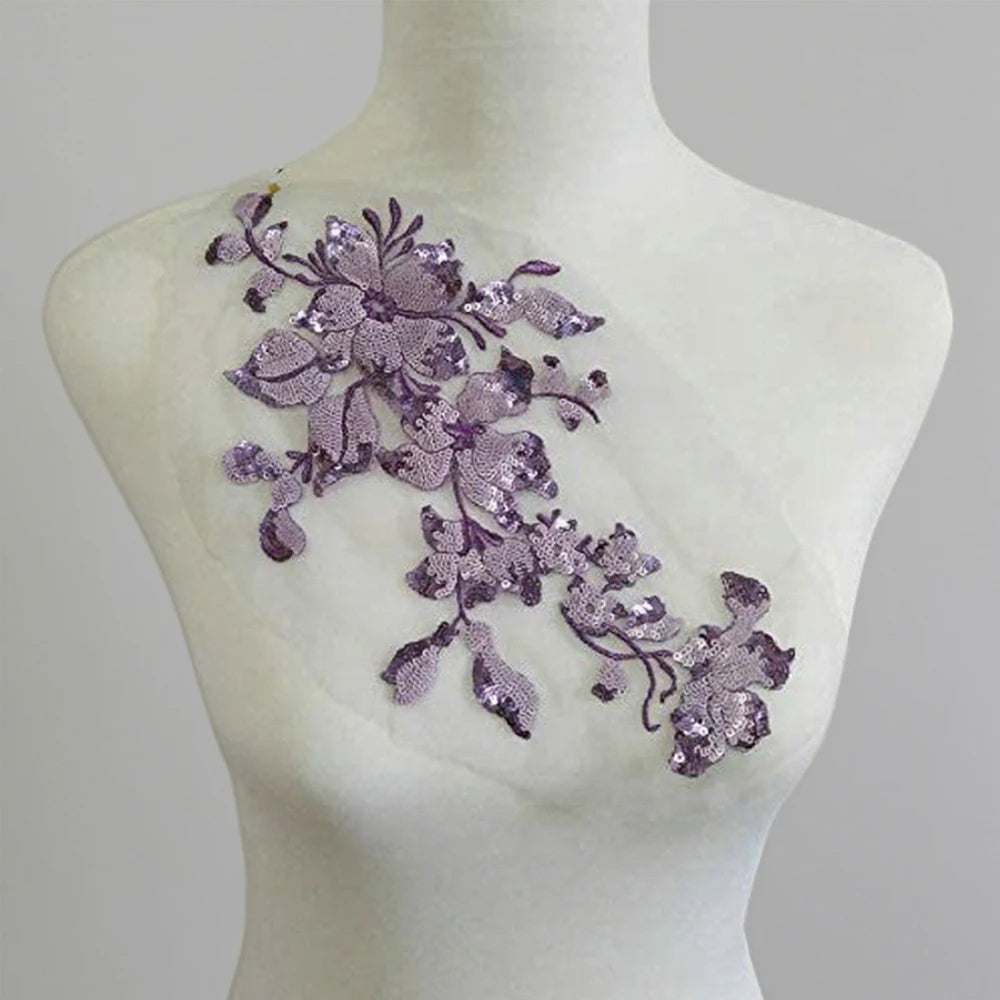Tessuto per toppe ricamate con fiori eleganti viola per abiti, tende per la casa, accessori per abbigliamento da festa, riparazioni di applique per cucire
