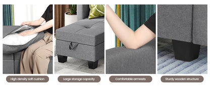 Divano componibile con spazio contenitore, chaise longue trasformabile per soggiorno e camera da letto