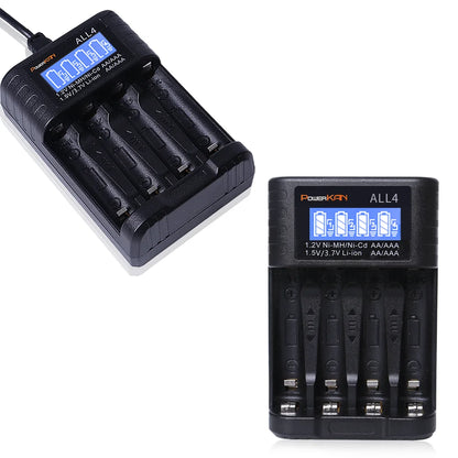 POWERKAN ALL4 AA/AAA Caricabatteria piccolo e conveniente a 4 slot per ioni di litio Hi-MH da 1,2 V e 1,5 V/3,7 V con schermo LCD