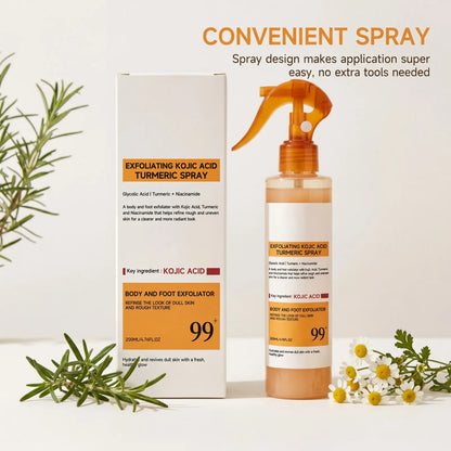 Nuovo Spray Corpo Esfoliante 2026 con Acido Cogico e Curcuma, Acido Glicolico Illuminante e Levigante per Pelle Ruvida, Idratante 200ml