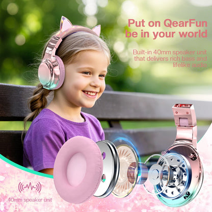 Cuffie wireless a forma di orecchie di gatto per ragazze e bambini, cuffie Bluetooth con volume sicuro 74/85/94dB, cuffie pieghevoli per bambini, ideali per i viaggi