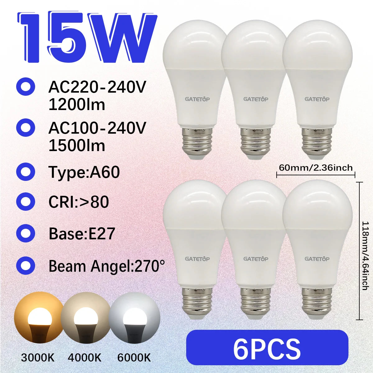 Confezione da 1-10 Lampadine LED 15W 120V 220V 3000K 4000K 6000K Luce Diurna CRI80 Senza Sfarfallio per Illuminazione Domestica Camera da Letto