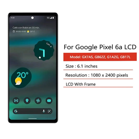 Schermo TFT per Google Pixel 6A, Display LCD Touch Digitizer per Pixel 6a GX7AS GB62Z G1AZG GB17L LCD con Cornice