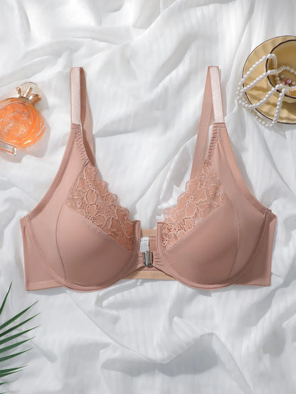 Reggiseno da donna taglie forti con bottoni frontali con biancheria intima raccolta in pizzo e anello in acciaio adatta per donne a figura intera 1XL-3XL MR2753