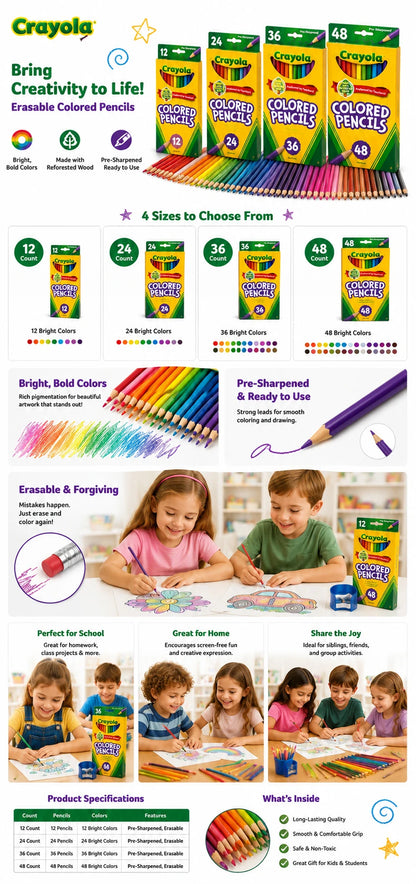 Matite Colorate Cancellabili Crayola, Confezione da 12, 36, 48 Pezzi, Set di Matite Pre-Affilate per Colorare e Disegnare, per Bambini, Studenti e Materiale Scolastico