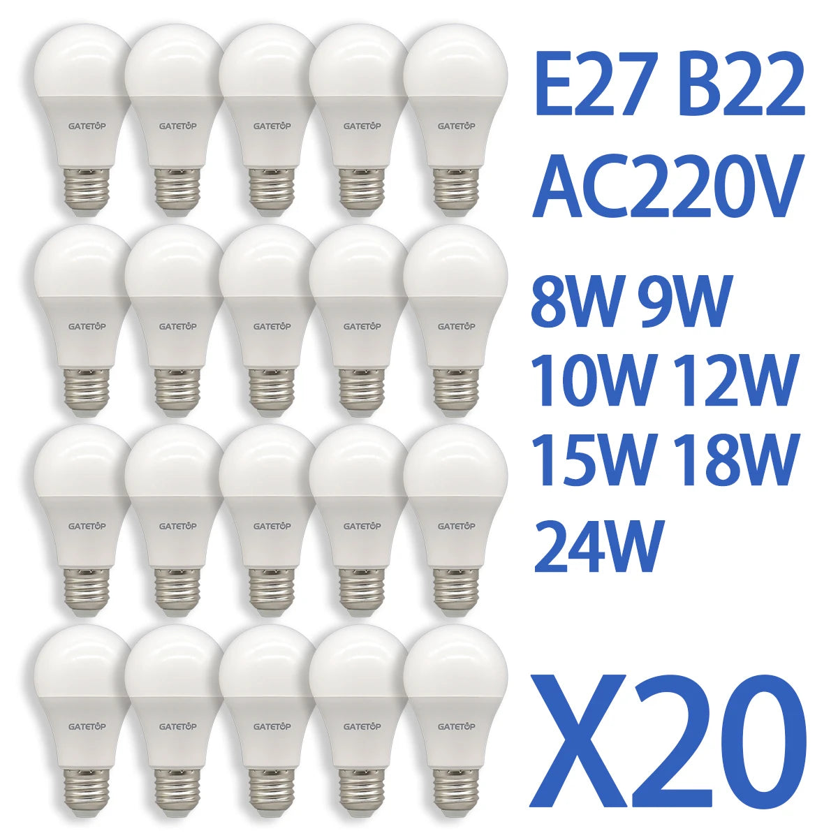 20 Lampadine LED E27 AC 220V 8W 9W 10W 12W 15W 18W 24W Luce Calda e Fredda 3000K 4000K 6000K per Illuminazione Domestica