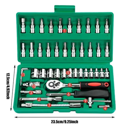 Kit di Riparazione Auto da 46 Pezzi con Attrezzi a Cricchetto Verdi per Manutenzione Veicoli