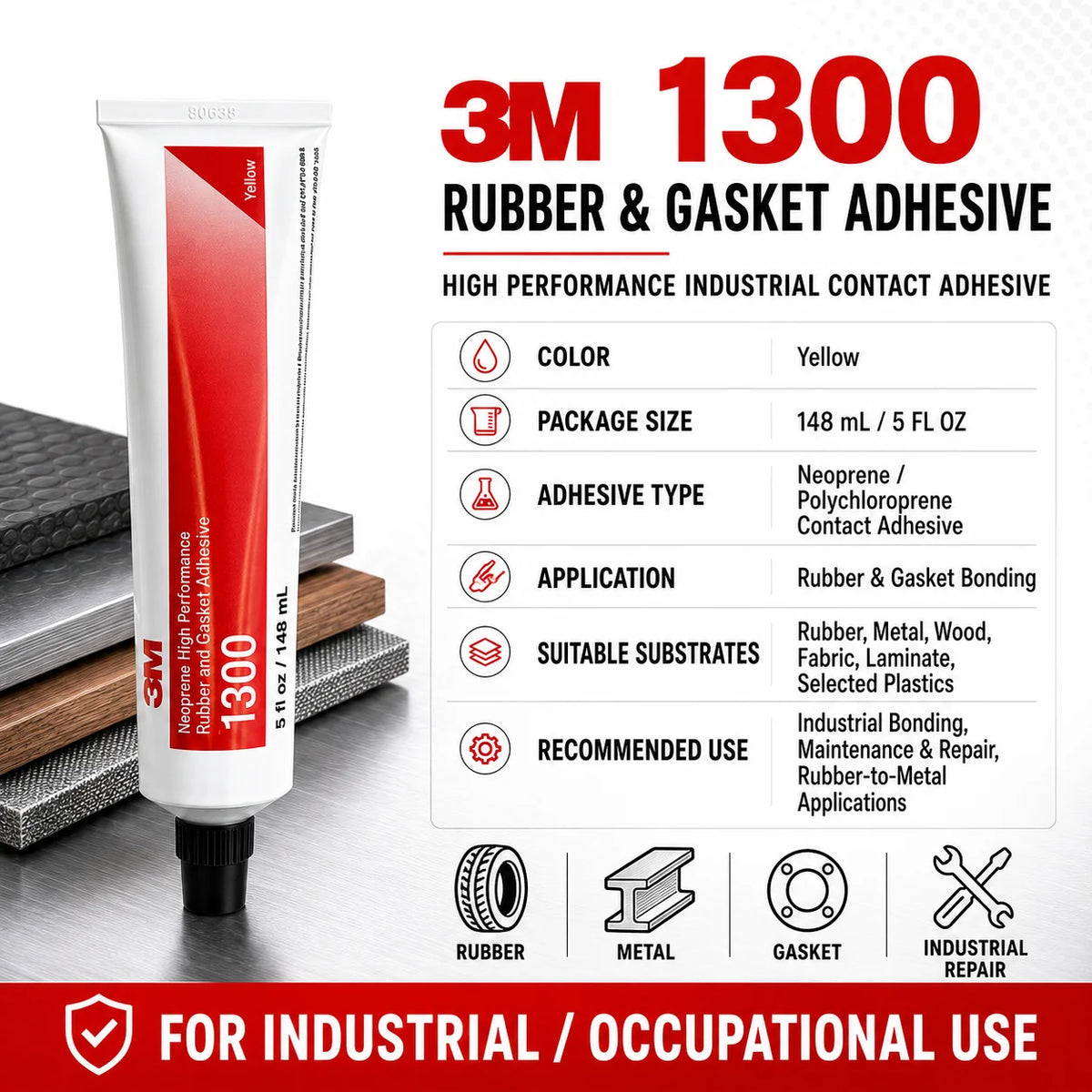 Adesivo Professionale 3M 1300 per Guarnizioni in Neoprene, Colla a Contatto ad Alta Resistenza per Riparazioni Automobilistiche e Industriali