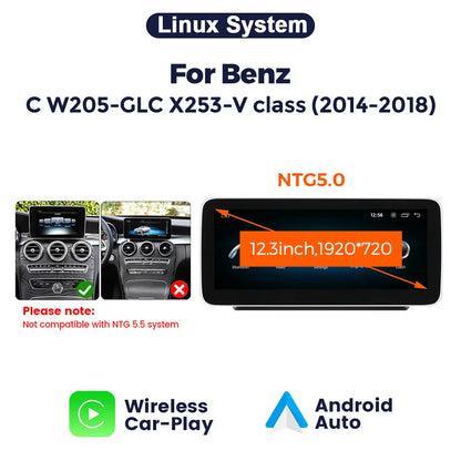 Mekede, schermo da 12,3 pollici, risoluzione 2K, sistema di navigazione GPS con CarPlay e Android Auto, autoradio multimediale con sistema operativo Linux per Mercedes Benz C W205, GLC X253, Classe V W447, lettore video 4K.