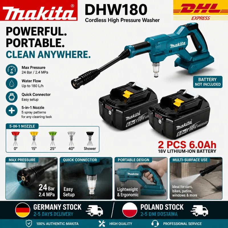 Idropulitrice Portatile a Batteria Makita DHW180 18V per Auto, Moto, Giardino e Patio - Compatibile con Batterie Makita 18V - Disponibilità EU