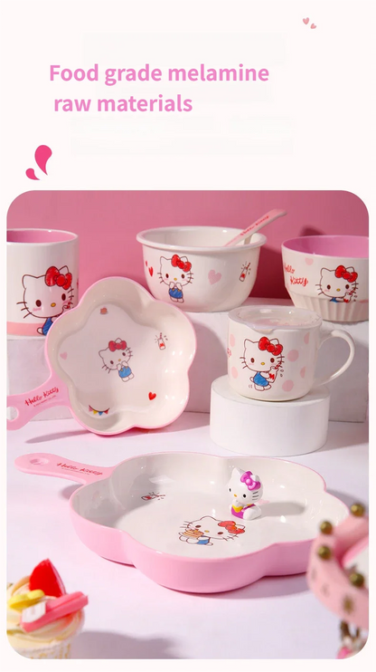 WUHE Set di Stoviglie per Bambini Hello Kitty, Ciotole e Piatti in Melamina, Design Cartoon per Ragazze, Senza BPA, Infrangibile, Lavabile in Lavastoviglie