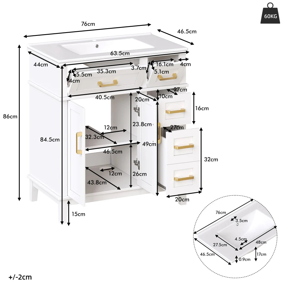 Mobile bagno moderno 76x86x46,5 cm con lavabo in ceramica integrato, mobiletto a cassetti autoportante con ampio spazio contenitivo, dotato di chiusura ammortizzata silenziosa e protezione dal troppo pieno del lavabo, elegant