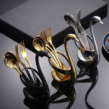 Set di forchette eleganti con base a forma di cigno, cucchiaio da caffè, dessert e insalata in acciaio inossidabile, posate per torte, stoviglie a zero sprechi, dropship