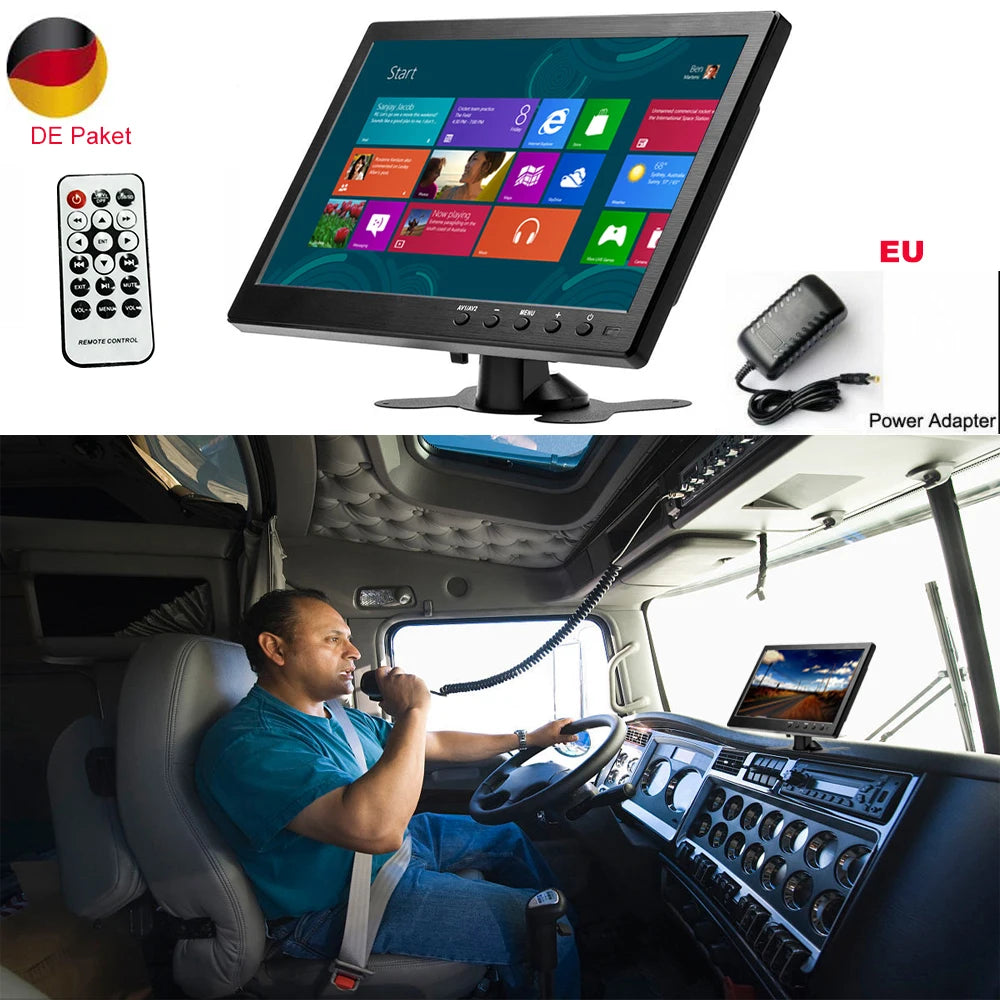 Monitor di Sicurezza Podofo 10.1'' con Display TFT LCD HD, Schermo Digitale con Ingresso Video HDMI/VGA/AV/USB/SD, Lettore PC/TV/DVD, Monitor per Auto