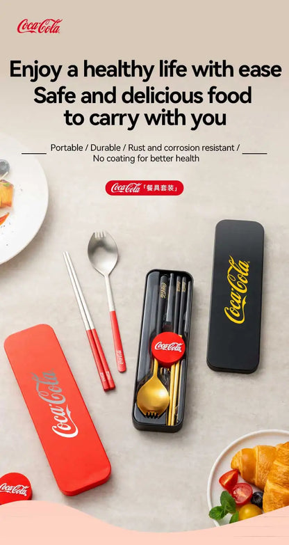 Set di posate portatili Coca Cola in acciaio inossidabile 304, forchetta e cucchiaio da viaggio con custodia per campeggio, picnic, cucina all'aperto, idea regalo
