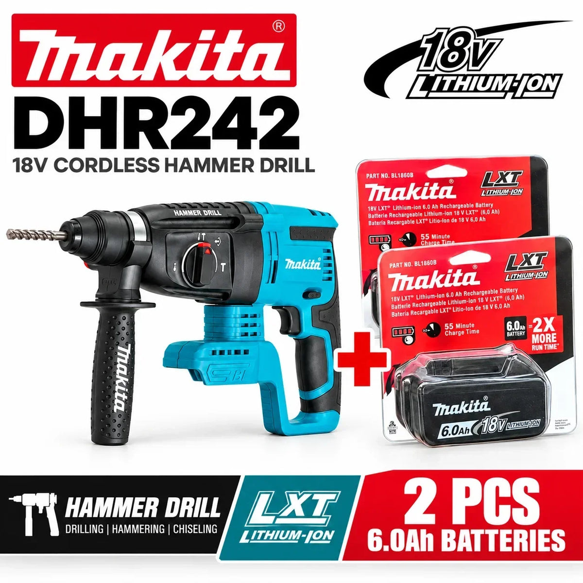 Trapano a percussione rotante senza fili Makita DHR242 18V, capacità per calcestruzzo 24mm, SDS Plus 4700 IPM 2.0J, utensile da costruzione per impieghi gravosi a 3 modalità, compatibile con BL1860B BL1850B BL1815, spedizio