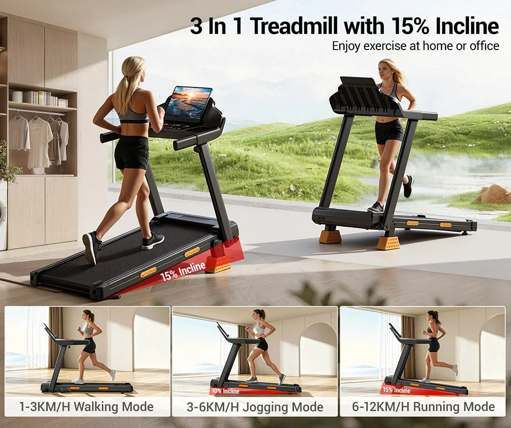 ROBORE SF20 Treadmill Pieghevole per Casa con Inclinazione del 15%, Velocità di 12 km/h, Carico Massimo di 136 kg, Motore Silenzioso Brushless da 3.0HP, Nastro da Corsa 97×40 cm, Tripla Ammortizzazione, Cuscino a 7 Strati