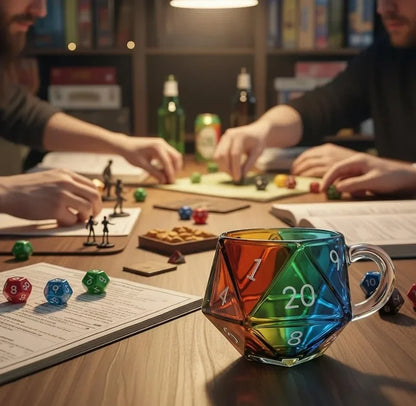 Tazza in vetro trasparente a forma di dado poliedrico con manico, ideale per serate di giochi di fantasia, un regalo originale per i giocatori.