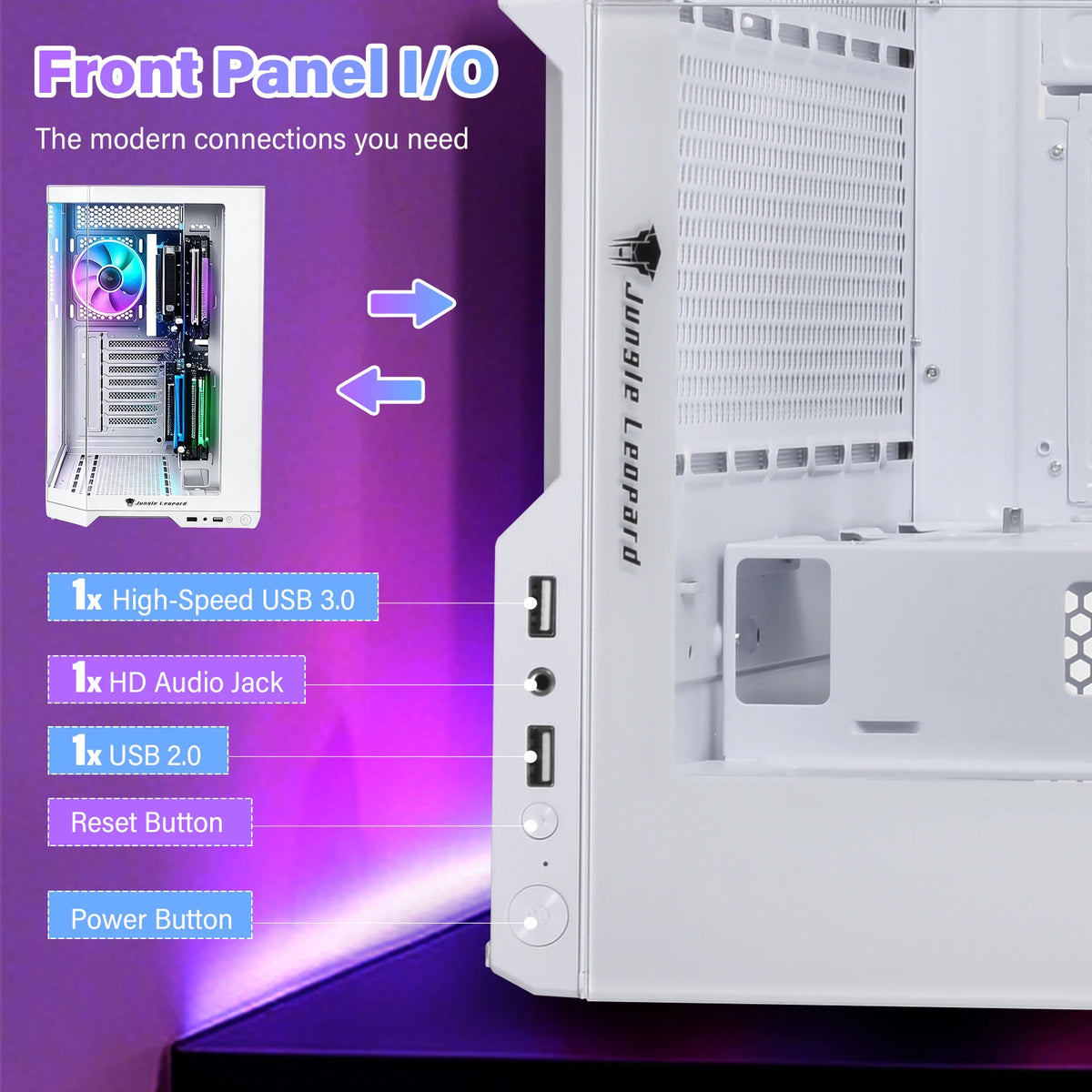 Case per PC ATX, con elevata capacità di circolazione dell’aria, struttura modulare per PC desktop, dotato di pannelli in vetro temperato sul frontale e sui lati, compatibile con schede madri ITX, MATX ed EATX.
