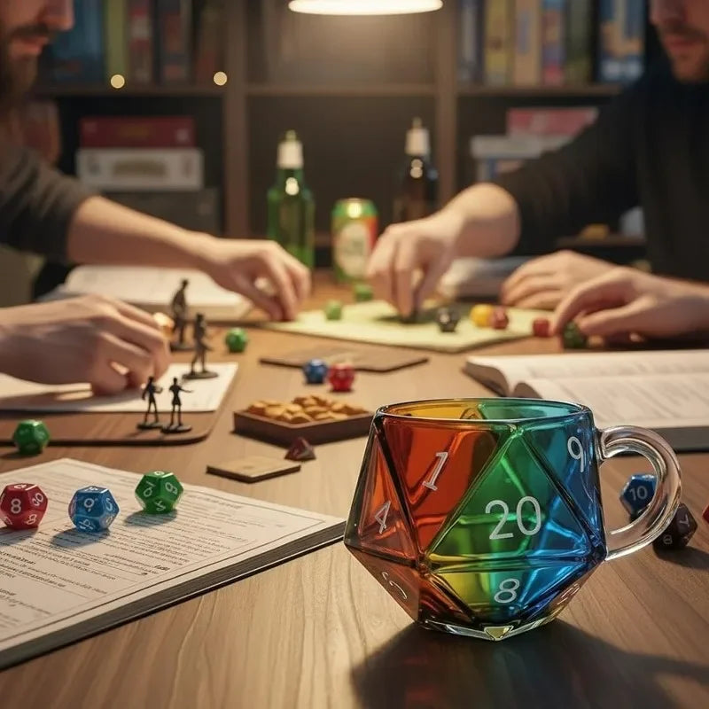 Tazza in vetro trasparente a forma di dado poliedrico con manico, ideale per serate di giochi di fantasia, un regalo originale per i giocatori.