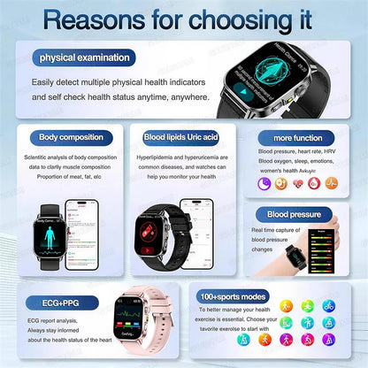 Nuovo Smartwatch per Uomo con Diagnosi ECG Accurata, Misurazione di Pressione Sanguigna, Ossigeno nel Sangue, Grasso nel Sangue, Acido Urico, Temperatura, Chiamate Bluetooth